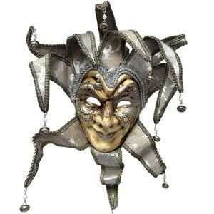 Jester Mask XL Venetian Masquerade Mardigras Wearable Golden Silver Brocade